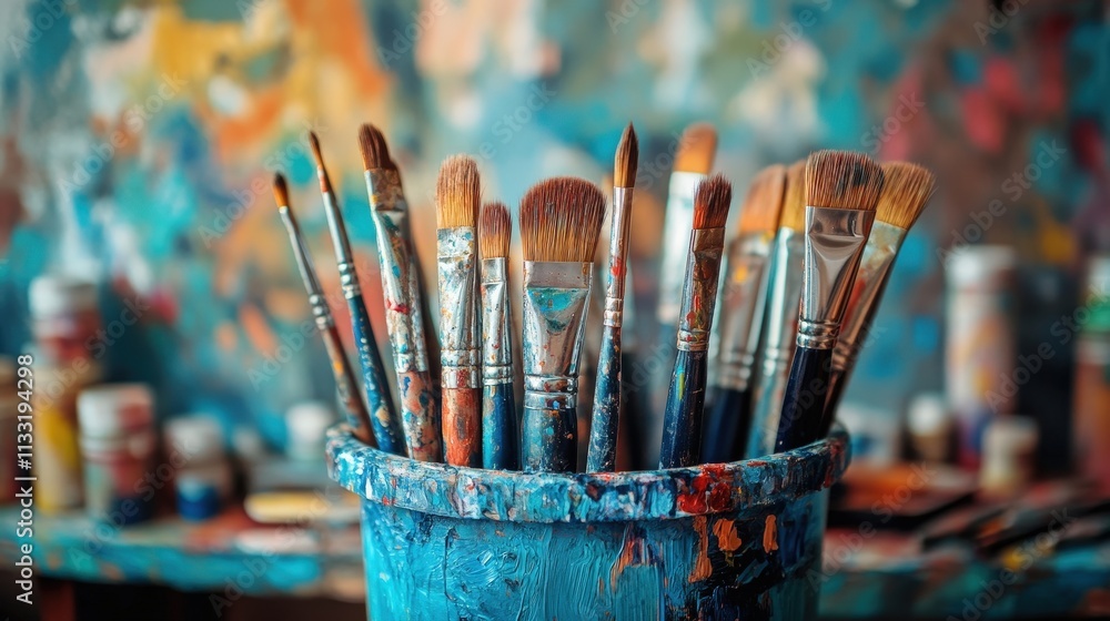 Fototapeta premium Autism-Friendly Hobbies: Creative Expression with Blue Paintbrush in Blue Cup for Inclusive Activities and Therapeutic Engagement
