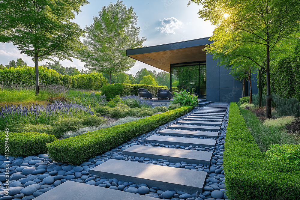Fototapeta premium Photographie immobilière d'un jardin minimaliste contemporain avec chemin en pierre et haies soigneusement taillées