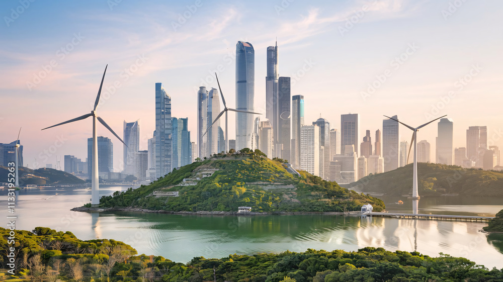 Fototapeta premium Sustainable, Green, Eco-friendly, Wind Turbines, Renewable Energy, Nature, Urban, Cityscape, Skyline, Water, Reflection, Trees, Greenery, Lights, Glowing, Serene, Futuristic, Innovative, Clean Energy,
