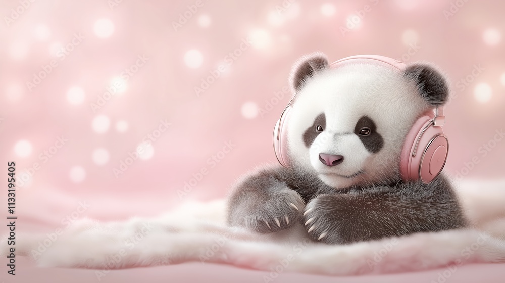 Fototapeta premium giant panda listening to music on a head set. AI Generative
