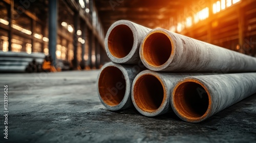 A horizontal arrangement of stacked concrete pipes in a spacious warehouse is lit by a warm glowing sunset, invoking a sense of industrial beauty and calm.