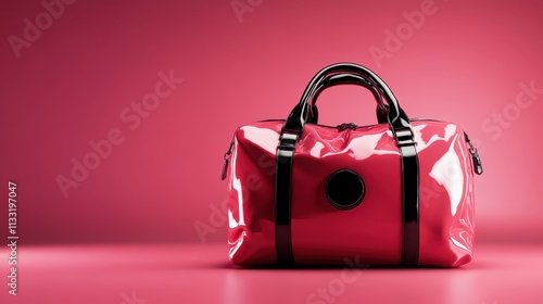 Bright red duffel bag with black accents, showcased against a vivid pink background, highlighting modern design and bold aesthetic for travel enthusiasts. photo