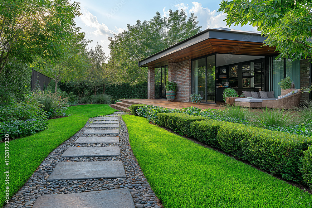 Fototapeta premium Photographie immobilière d'un jardin minimaliste contemporain avec chemin en pierre et haies soigneusement taillées