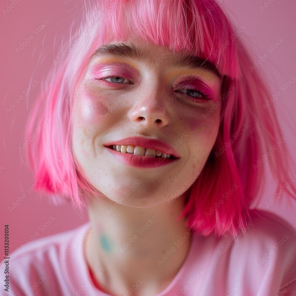 © Elena L - A person with vibrant pink hair and makeup smiles warmly against a soft pink background, exuding playful charm and bright expressiveness.