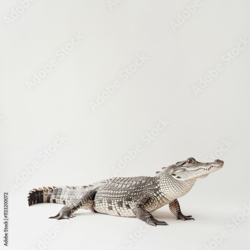 A crocodile poses against a stark background, emphasizing its unique scales and primal presence. photo