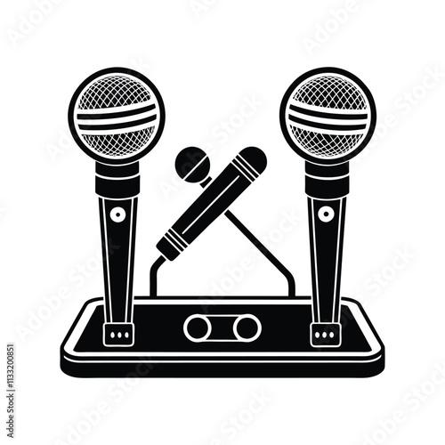 A black and white image of a microphone on a stand.