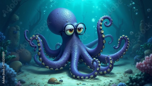 purple octopus with glasses underwater in an ocean scene