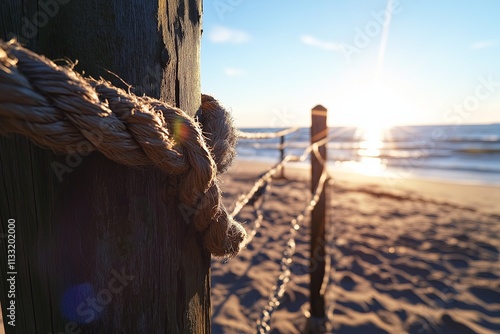 A close-up of a rope net draped over a weathered wooden post on the beach photo