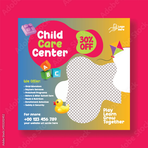 Daycare center and preschool kids editable social media post banner ads,
promotional advertisements or web banner template, child care, babysitter, day care social media square flyer template