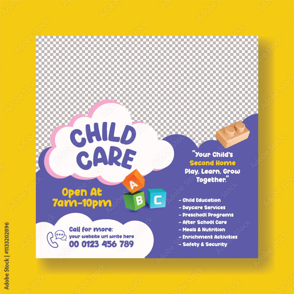 Childcare center and babysitter social media post banner ads, promotional
advertisements template, Nanny occupation, Childcare assistance, Baby Care social media square flyer poster template
