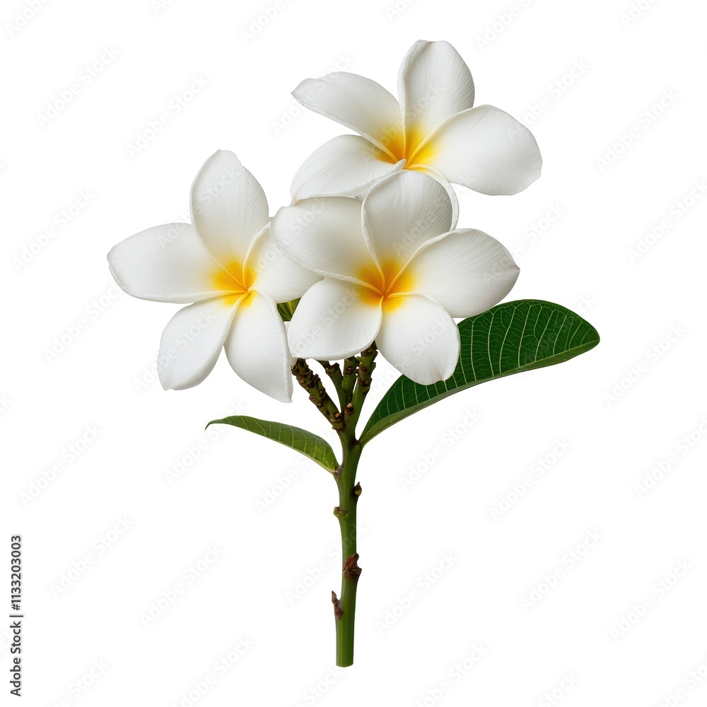 Obraz premium Three White Plumeria Flowers with Green Leaves, Isolated on White Background Cutout