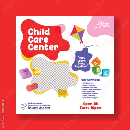 Daycare center and preschool kids editable social media post banner ads,
promotional advertisements or web banner template, child care, babysitter, day care social media square flyer template