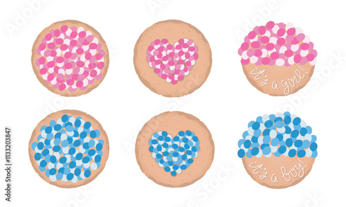 Dutch, Netherlands traditional Beschuit Met Muisjes. Hard, dry treat, biscuit, cookie with pink, blue topping for newbord boy or girl baby