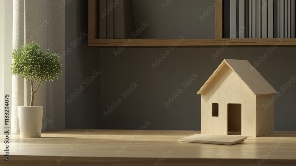 Wooden house model on desk near window, plant. Wooden house model on desk near window, plant.