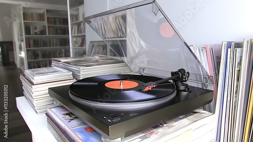 Vinyl record player with stack of albums and magazines.