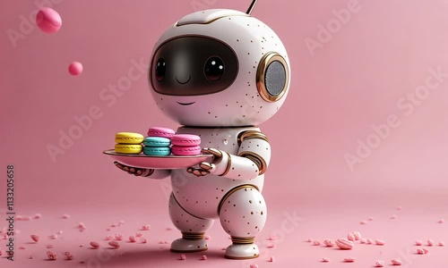 A cute robot holding a tray of colorful macarons against a pink background.