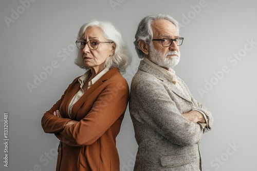 Elderly man and woman with crossed arms, expressing conflict and disagreement in their relationship photo