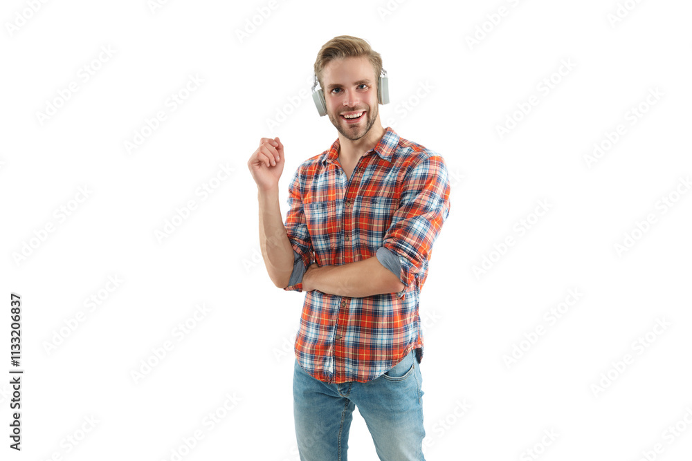 Fototapeta premium Man millennial gen listen audio. Music lover lifestyle. Student life. Audio book. Millennial man listen music isolated on white. Modern lifestyle. Listen to music in headphones. Favorite playlist