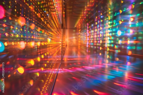 An abstract light tunnel illuminated by vibrant, colorful lights creating a mesmerizing visual effect. Nanophotonic devices manipulating light. photo