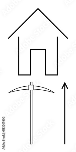 House outline with pickaxe and upward arrow. Ideal for construction, growth, progress, development, mining, architecture, innovation Line metaphor