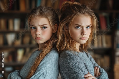 Twin sisters are standing back to back with crossed arms, expressing resentment and anger in a library setting photo