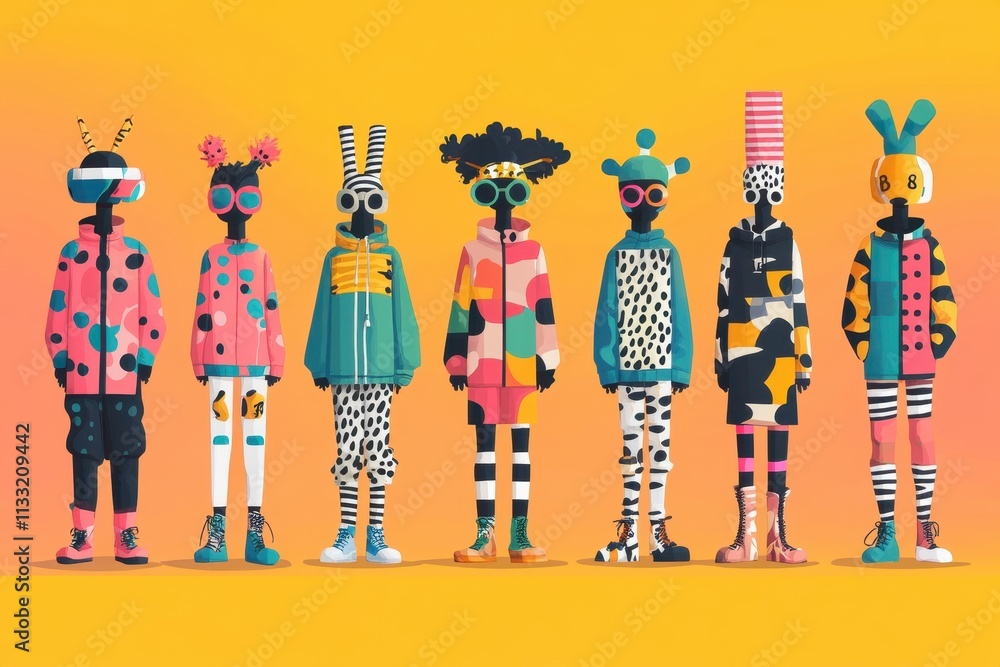 Fototapeta premium Quirky minimalistic characters with bold shapes and vibrant colors in playful poses