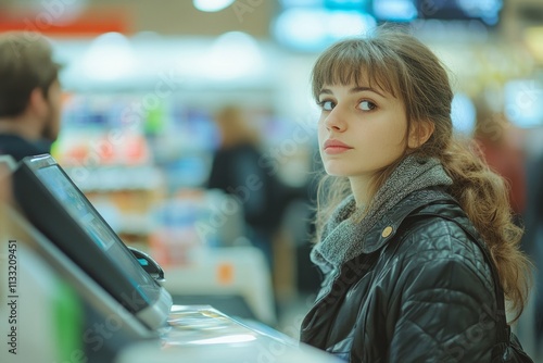 Customer waiting in line at grocery store checkout counter photo