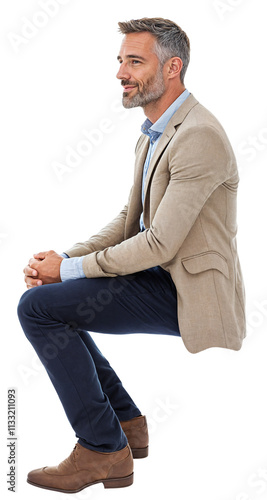 An Isolated sitting handsome middle aged man wearing blue chino trousers and a beige jacket, cutout on transparent background, ready for architectural visualisation. png