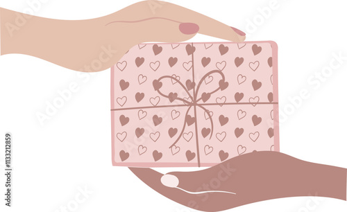 Element for greeting card with International Women's Day on March 8, mother's day, valentine's day.  Female hands giving a gift wrapped in paper with hearts on a white background, vector illustration