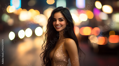 beautiful smiling woman wearing a fashionable outfit walking the busy city streets with bokeh lighting in the background