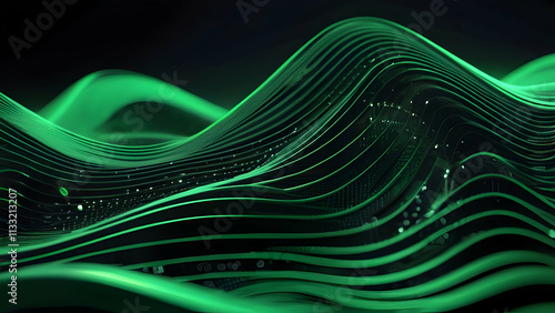 Abstract technology flow background. Futuristic green dot background with dynamic waves. 3D Rendering. 
