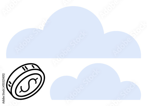 Dollar coin and blue clouds representing monetary savings in cloud computing. Ideal for technology, finance, cloud storage, cost savings, financial planning, digital services, and online banking