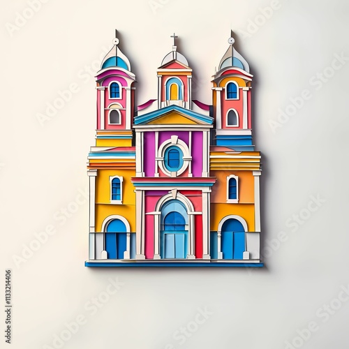 Sesto San Giovanni, Italy, paper cut illustration - A colorful church with a clock on the front