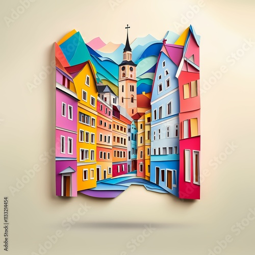 Braunau am Inn, Austria, paper cut illustration - A paper cut of a city with a church steeple photo