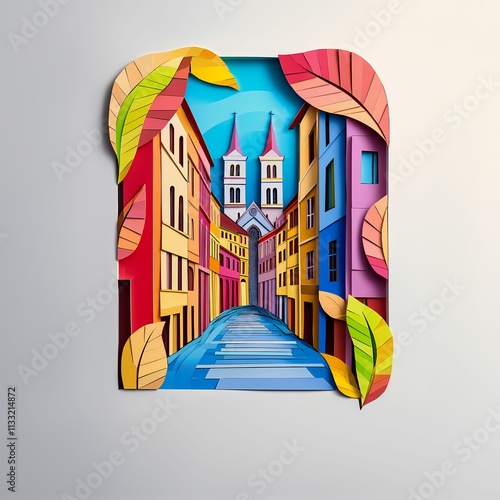 Alytus, Lithuania, paper cut illustration - A colorful city street with a church steeple photo