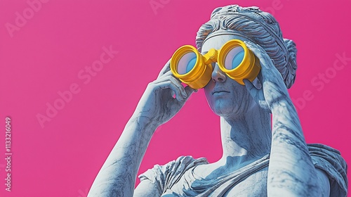 Classic statue with yellow binoculars looking into the future against pink background.