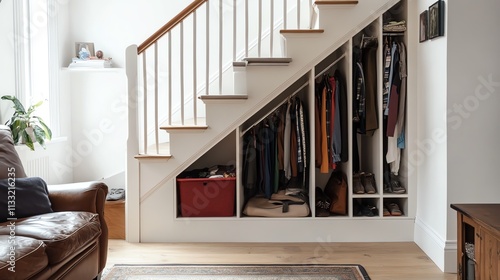 Cozy living space with organized storage under the staircase. photo