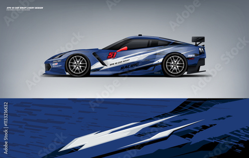 Racing Car sport car branding with racing wrap decal or livery design. Abstract racing graphics black blue backround. Editable vector template