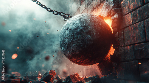 massive stone wrecking ball in motion, symbolizing destruction and power, breaking through brick walls, representing the force needed to overcome obstacles and break barriers
