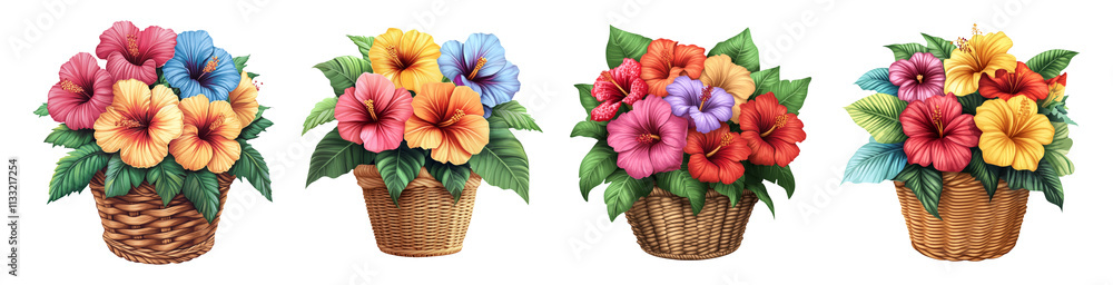 Obraz premium Colorful Hibiscus Flowers in Baskets on Transparent Background