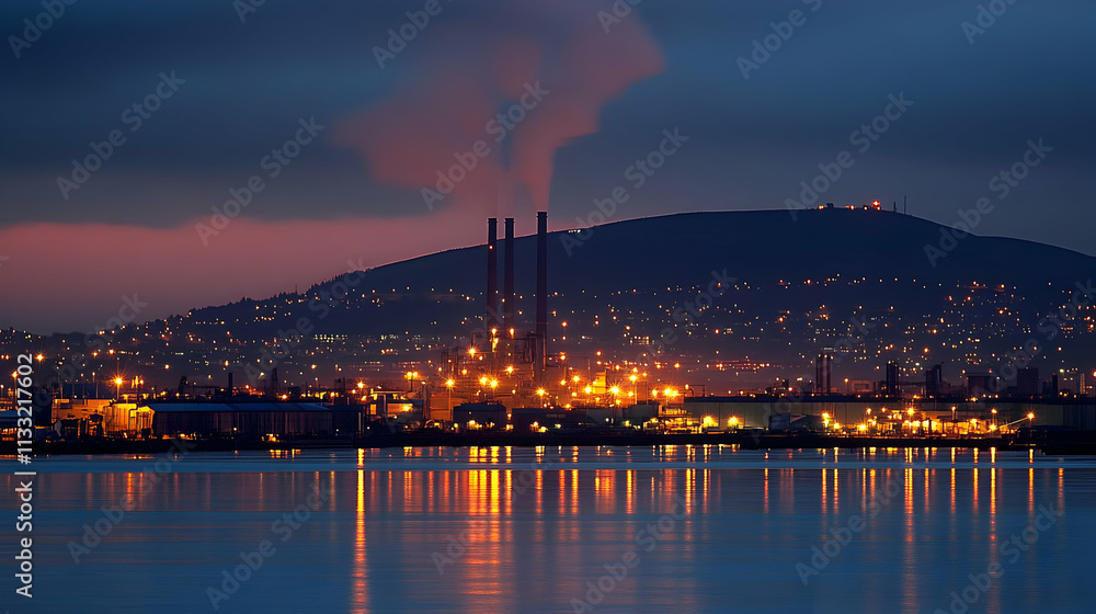 Fototapeta premium Night Industrial Landscape, Factory Lights Reflecting on Calm Water at Dusk