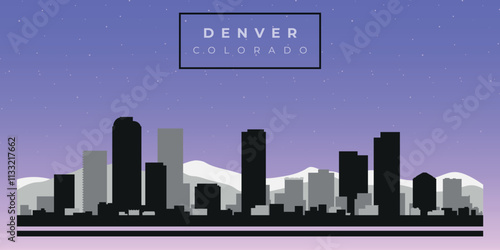 Cityscape against the starry sky. Denver, Colorado, Usa. Black and white silhouettes of buildings. Vector on gray background