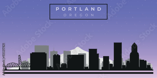 Cityscape against the starry sky. Portland, Origon, Usa. Black and white silhouettes of buildings. Vector on gray background