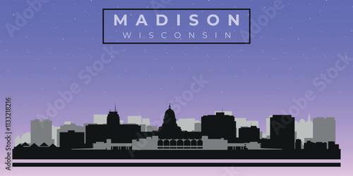 Cityscape against the starry sky. Madison, Wisconsin. Black and white silhouettes of buildings. Vector on gray background	