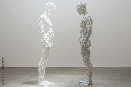 Two white sculptural figures interact with a blend of letters in minimalist setting photo