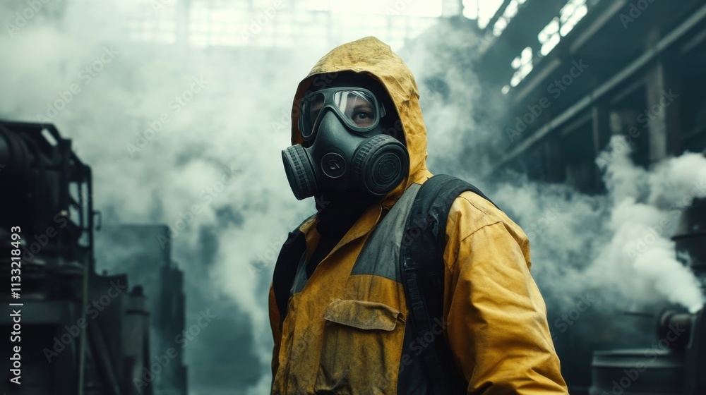 factory worker wearing a gas mask, surrounded by polluted air and machinery releasing harmful fumes factory worker wearing a gas mask, surrounded by polluted air and machinery releasing harmful fumes