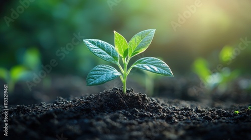 Business Growth Plan: Small Plant Sprouting from Ground Symbolizing Success, Development, and Sustainable Growth in Modern Economy photo