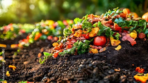 A pile of mixed organic waste, including vibrant vegetable scraps, decomposing in soil under natural sunlight