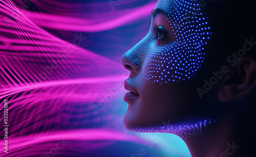 A glowing digital face with interconnected neural network patterns and motion streaks, symbolizing artificial intelligence and speed.

