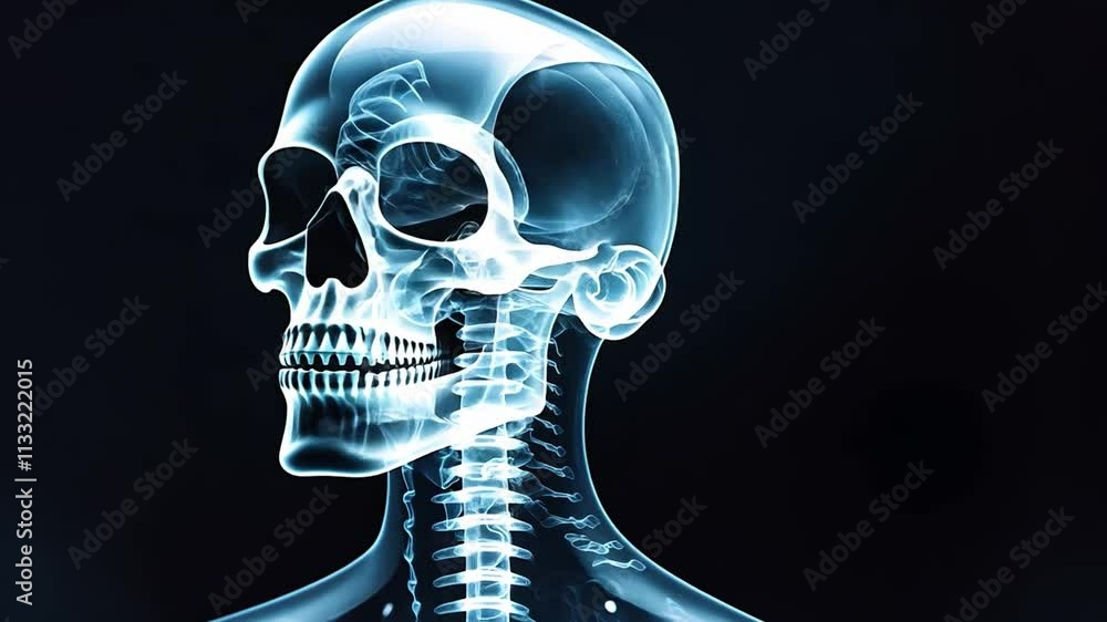 Detailed x-ray view of a human skull and spine showcasing anatomical ...